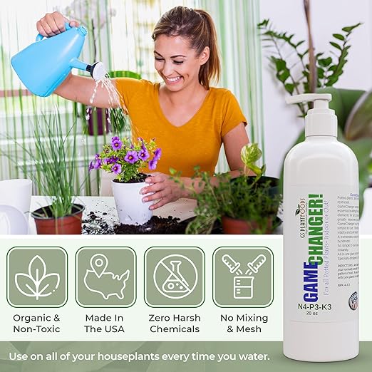 GS Plant Foods Game Changer - 100% Plant-Based Liquid Fertilizer 4-3-3 – for Organic Growing, Odor-Free, Easy Squeeze Bottle, Vegan – Indoor & Outdoor Plants - 20 Ounces
