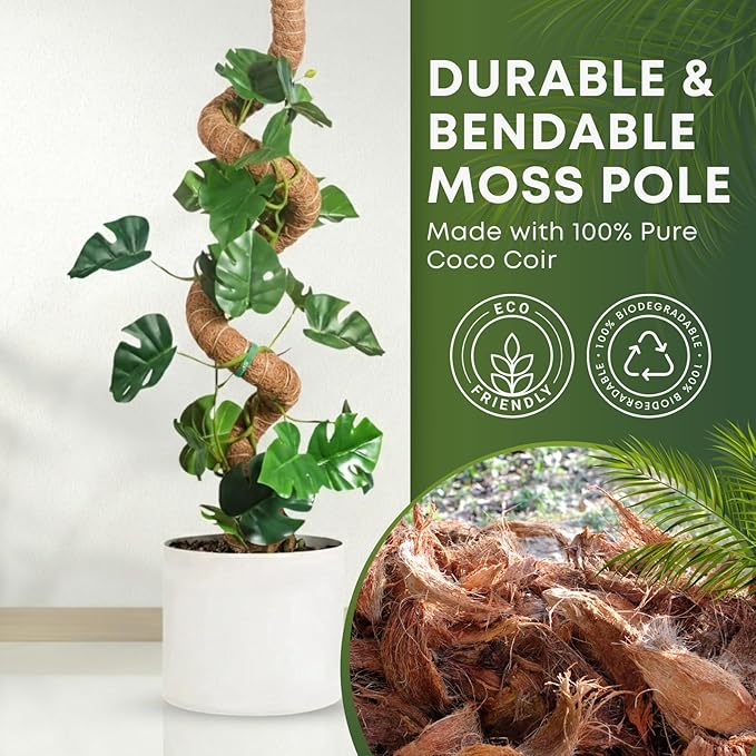 Bendable Moss Pole for Plants | 2 Pack 60 Inch Tall Moss Pole Monstera Plant Support | Large Poles for Climbing Plants | Handmade Plant Sticks Support Tall Potted Plants