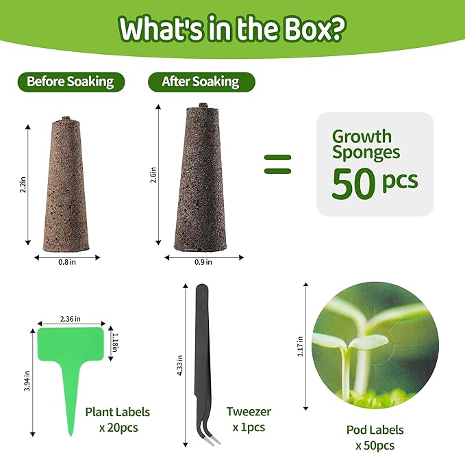 121 Pack Seed Starter Pods Kit for AeroGarden, Including 50pcs Grow Sponges, 50pcs Pod Lables, 1 Tweezers & 20pcs Tags, Replacement Root Growth Sponge for Most Hydroponics Growing System Seed Pods