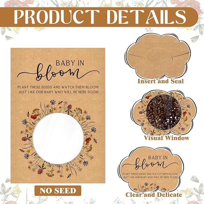 Fumete 25 Pack Baby in Bloom Party Favors Wildflower Baby Shower Seed Packet Kraft Bags with Window Envelopes Resealable Organizer Storage Bag for Gender Reveal Party Favors