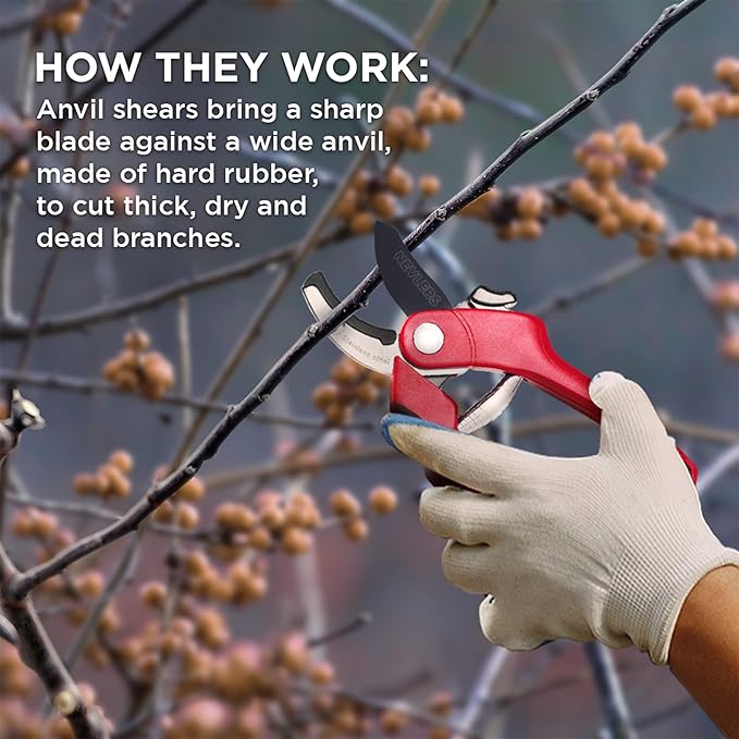 Nevlers 8" Anvil Pruning Shears for Gardening | Hand Pruners for Gardening w/Stainless Steel Blades, 8mm Cut Cap | Garden Clippers Handheld w/Safety Lock | Pruning Shears Heavy Duty Design — Red