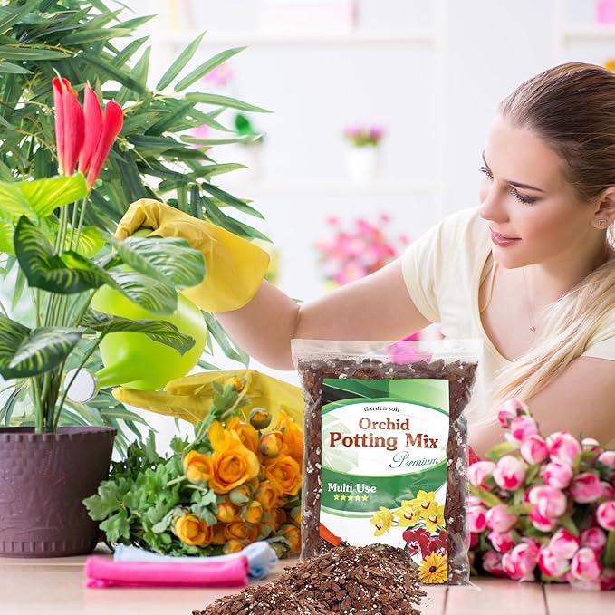Orchid Potting Mix,Premium Orchid Bark Potting Mixture of Pine Bark,Perlite & Coco Peat Enhanced Drainage and Ventilation,Ideal for Repotting and Growing Indoor Plants Dendrobiums,Phalaenopsis,4QT
