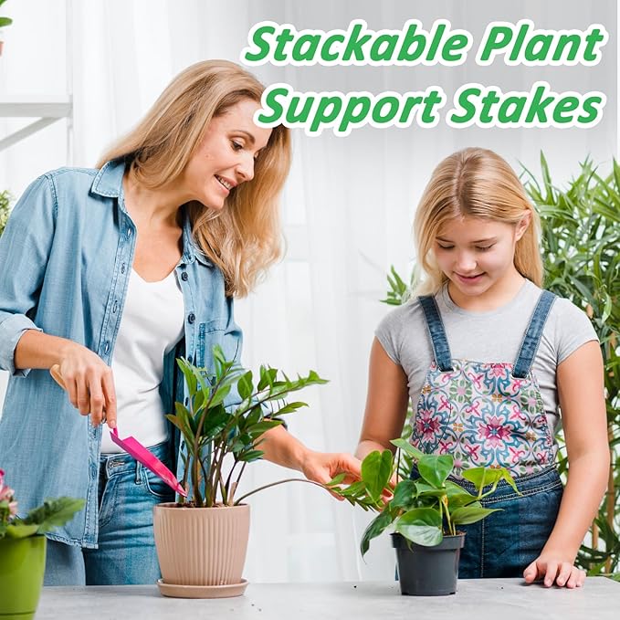 10 Pack Stackable Plant Support Stakes & Adjustable Circular Trellis, Garden Trellis for Climbing Plants Indoor and Outdoor Use, Garden Accessories for Monstera, Pothos, Tomato
