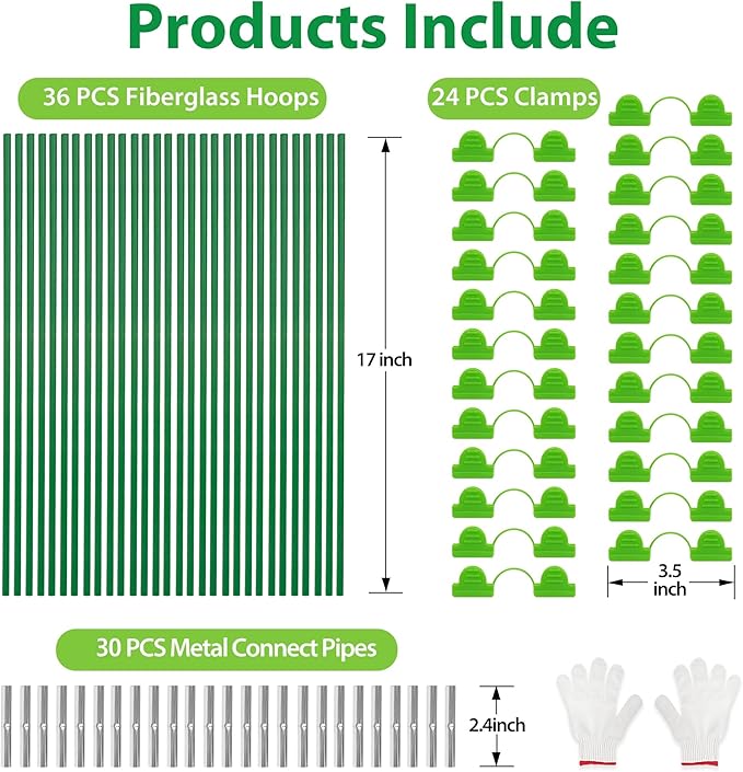 Unves 36 Pcs Garden Hoops, 6 Set of 8.4 Ft Long Fiberglass Garden Hoops for Raised Beds, Plant Stakes for Grow Tunnel Netting, Greenhouse Elevated Planting Shade Cover & Crop Row Bed Garden Stakes