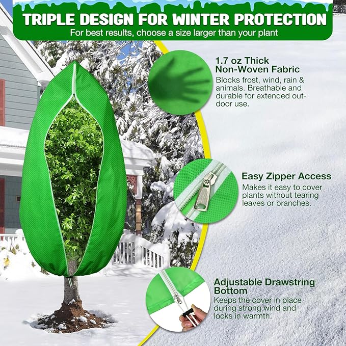 2pcs Reusable Winter Frost Plant Cover Freeze Protection, 47.2"x72" Large Frost Plant Cover for Winter Outdoor Plants,Frost Cloth Plants Jacket Drawstring Tree Cover for Outdoor Plants