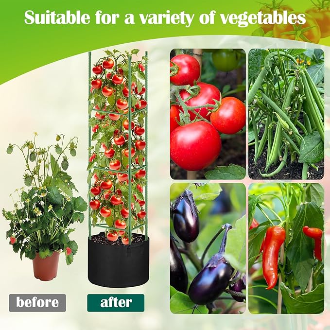 4 Pack Tomato Cages 55 x 12 Inch for Garden with 11 Gallon Round Grow Bags Planter Pots with Heavy Duty Triangle Trellis Plant Stakes Support Frames for Cucumber Vegetables Flowers