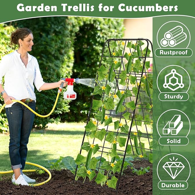 Cucumber Trellis 43.3’’x15.7’’ with Twist Tie and Clips, A-Frame Garden Trellis for Climbing Plants Heavy Duty Metal Plant Support for Cucumber, Grape, Tomato, Pea, Bean, Flower, Raised Bed