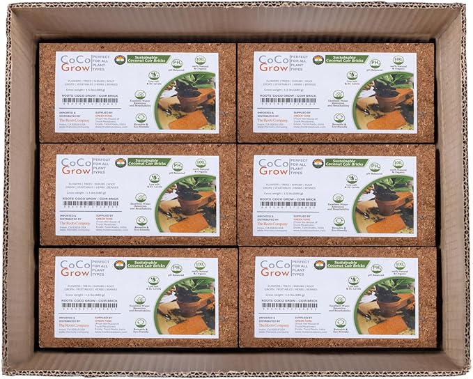 Premium Coco Peat Bricks – Low EC Coconut Coir Growing Medium, Pre-Buffered & pH Balanced, High Water Retention for Gardening, Hydroponics & Seed Starting, Pack of 6