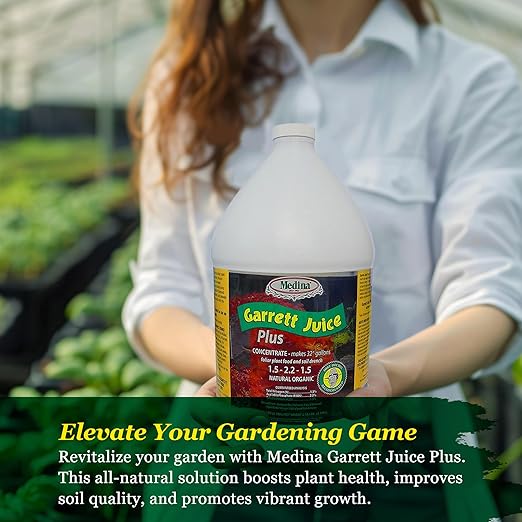 Medina Garrett Juice Plus -Liquid Plant Food & Fertilizer for Houseplants, Lawn, & Garden | Foliar Solution & Growth Enhancer, Ideal for Potted & Patio Plants | Nitrogen-Rich Liquid Fertilizer - 1 Gal