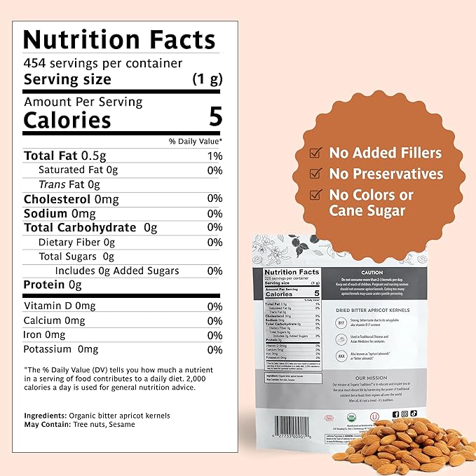 Organic Traditions Apricot Kernels – Sundried - Natural Source of Vitamin B17 – Sweet & Bitter Raw Apricot Seeds – 16oz