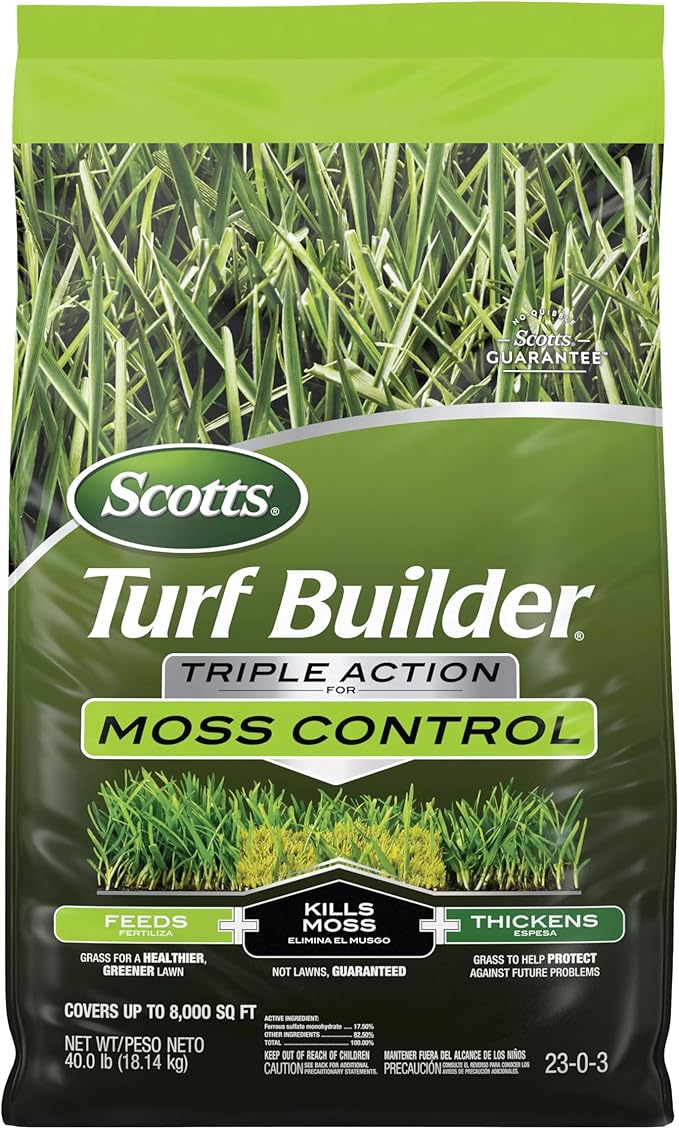Scotts Turf Builder Triple Action for Moss Control - Moss Killer and Lawn Fertilizer, Lawn Care, Covers Up to 8,000 sq. ft., 40 lb.