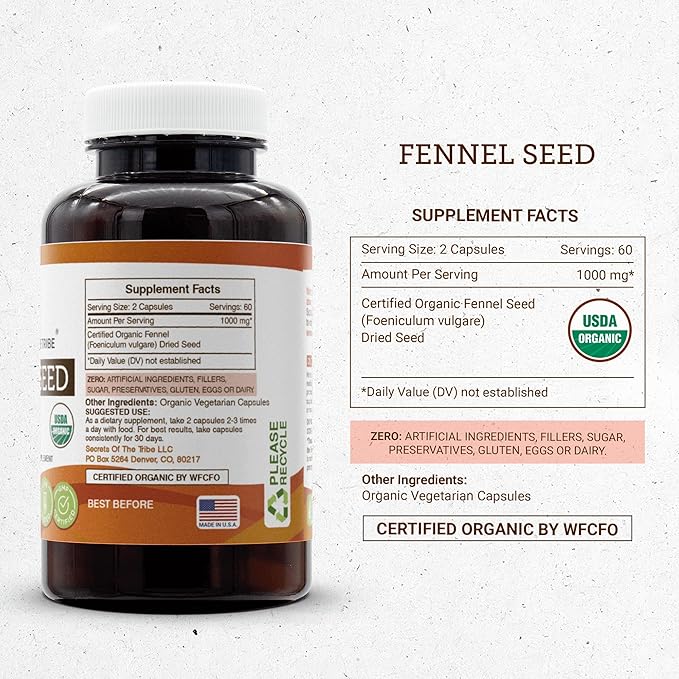Secrets of the Tribe Fennel Seed USDA Organic | Made with Vegetarian Capsules and Certified Organic Fennel Seed (Foeniculum vulgare) Dried Seed (120 Capsules)