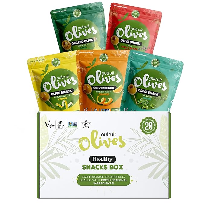 Nutruit Olives Snacks - Pitted Olives (Variety Box) - Fresh Harvest Aegean Green Olives - Vegan, Non-GMO, Gluten Free, Kosher, Paleo, Sugar Free - Premium Packs with Wooden Stick - 1.2oz (Pack of 20)