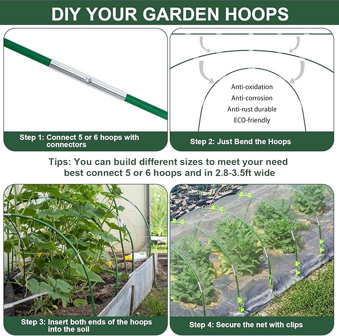 72Pcs Garden Hoops for Raised Beds,12 Sets of 8FT Long Greenhouse Hoops Grow Tunnel, Fiberglass Support Hoops Frame for Netting, Plant Support Garden Stakes for Row Cover