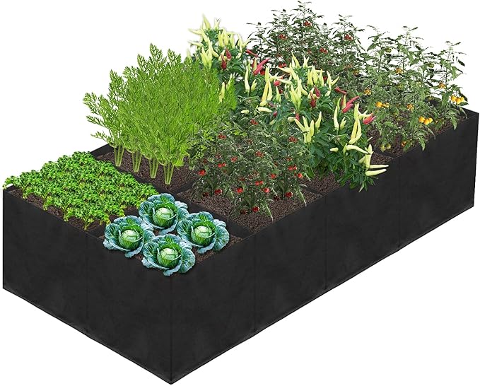 128 Gallon Fabric Raised Garden Bed, 6x3x1ft Large Garden Grow Bag Outdoor 8 Grids Planter Box Felt Planting Container for Growing Tomatoes Potatoes Plants Flowers, Black