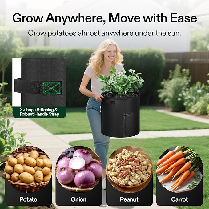 VIVOSUN 5-Pack 7 Gallon Potato Grow Bags, Fabric Pots With Handle and Roll-up Window, Planter Containers for Growing Potatoes, Black