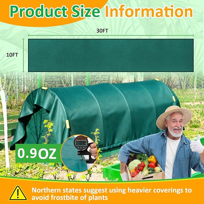 Green Plant Covers Freeze Protection, 10 x 30 ft - 0.9 oz/yd² Frost Cloths for Outdoor Plants, Tree Covers Freeze Protection, Winter Garden Blanket, Sun Cover for Plants for Greenhouse, Vegetables