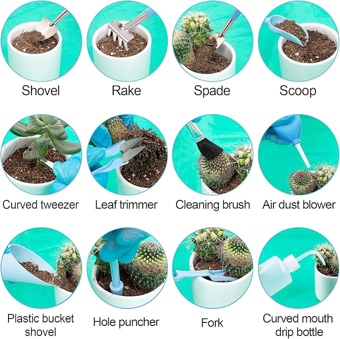20pcs Small Gardening Tools Gifts for Women Beginners - Garden Hand Tools Set for Indoor Succulent Bonsai Plants Transplanting, Included 39.4" Plant Repotting Mat/Miniature Shovel/Labels, Blue