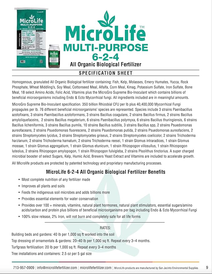 MicroLife Multi-Purpose (6-2-4) Professional Grade Granular Organic Fertilizer for All Plants, 7 LBS