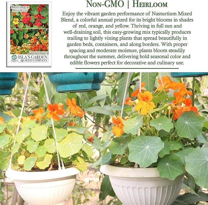 Nasturtium Mixed Blend Flower Seeds for Planting - 50+ Flower Seeds Per Packet, (Isla's Garden Seeds) Non-GMO & Heirloom, Botanical Name; Tropaeolum majus, Great Garden Gift