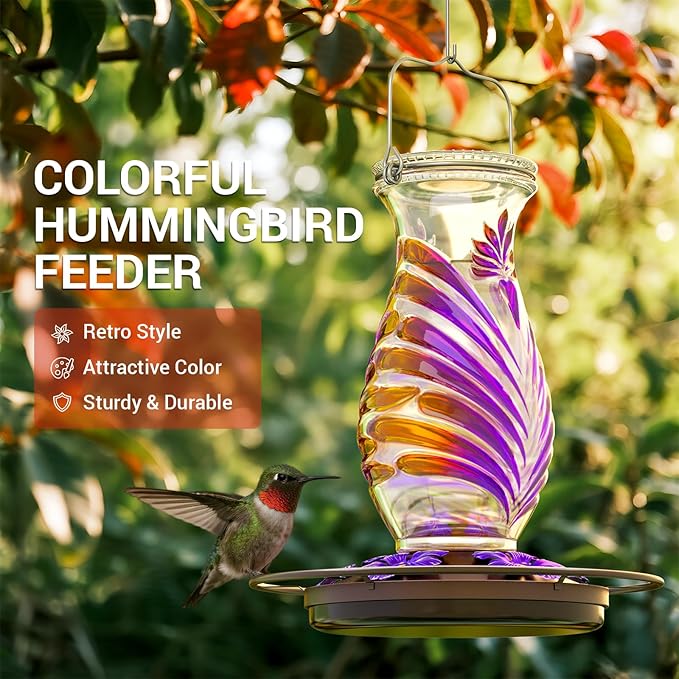 Hummingbird Feeder for Outdoors, 24oz Glass Nectar Feeder with Perch & 5 Flower Feeding Ports, Leakproof Hanging Bird Feeder for Garden Yard Decor, Outside Gifts for Women & Mom, Lavender