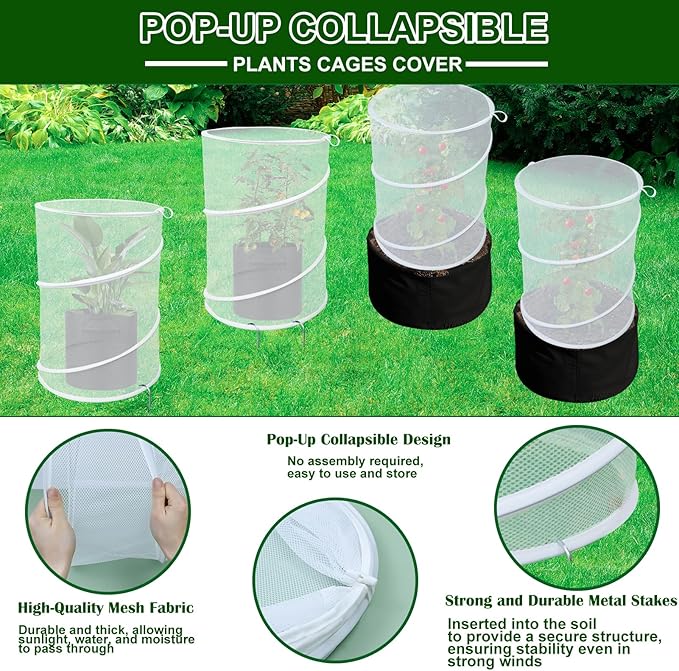 4 Pack Pop up Plant Covers Tent from Animals, 20"H X 13"D Insect Barrier Mesh Plant Guard Cover Net White Garden Plant Protectors Mini Greenhouse Plant Protection Cage with Stakes for Outdoor Plants