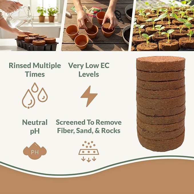 Coco Coir Discs (60mm 50-Pack) - Organic Coconut Coir Seed Starting Discs - Coconut Fiber Seedling Soil for House, Potting & Indoor Plants - Organic Coco Coir for Plants & Potting Mix