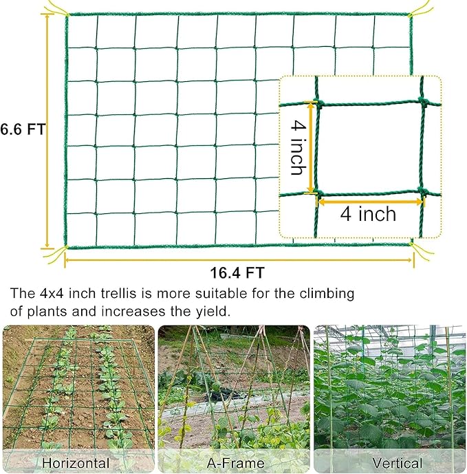 Garden Trellis Netting for Climbing Plants Outdoor, 6.6x16.4 FT Plant Netting for Cucumber, Tomato, 27 Strands Trellis Net with 4x4 Inch Mesh as Vegetable Netting for Grape, Bean, Pond
