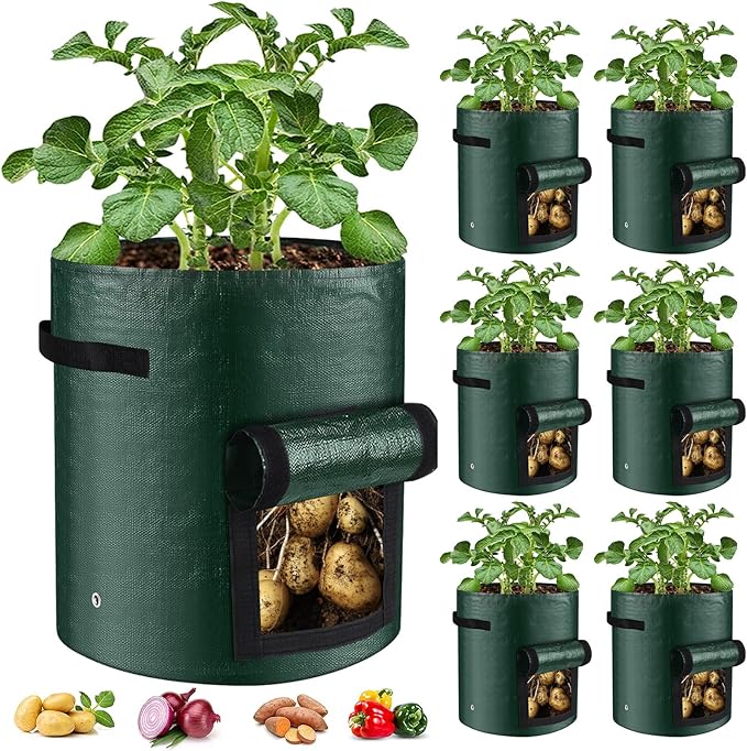 BIJOKETTEN 6-Pack 10 Gallon Grow Bags, 120g Plant Pots with Handles and Flap, Lightweight PE Growing Bag for Vegetable Tomato Potato Flowers Mushroom Planting, Indoor/Outdoor Grow Pots