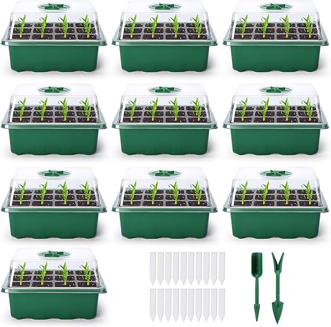 Delxo 10-Pack Seed Starter Kit Seedling Starter Tray (12 Cells) Humidity Adjustable Plant Germination Kit Garden Seed Starting Tray with Dome and Green Base Plus Plant Tags Hand Tool Kit