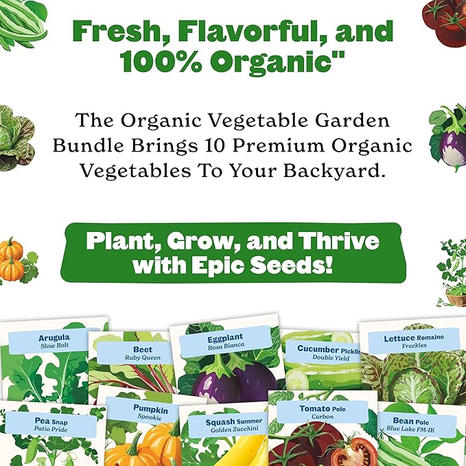 Epic Gardening Organic Vegetable Garden Kit - 10 Non-GMO Varieties, Includes Tomatoes, Squash, Pumpkins, Beans & More, Perfect for Raised Beds, Backyard Gardening & Fresh, Delicious Homegrown Meals