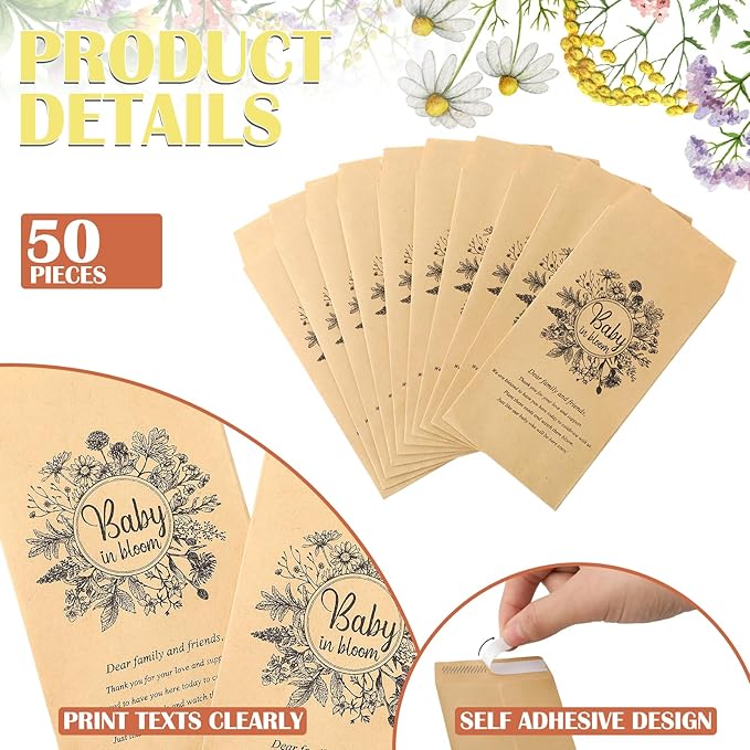 Fumete 50 Pcs Baby Shower Seed Packet Self Adhesive Kraft Envelopes Baby in Bloom Seed Storage Packets Mini Kraft Retro Paper Organizer for Gender Reveal Party, No Seeds(Black Flower)