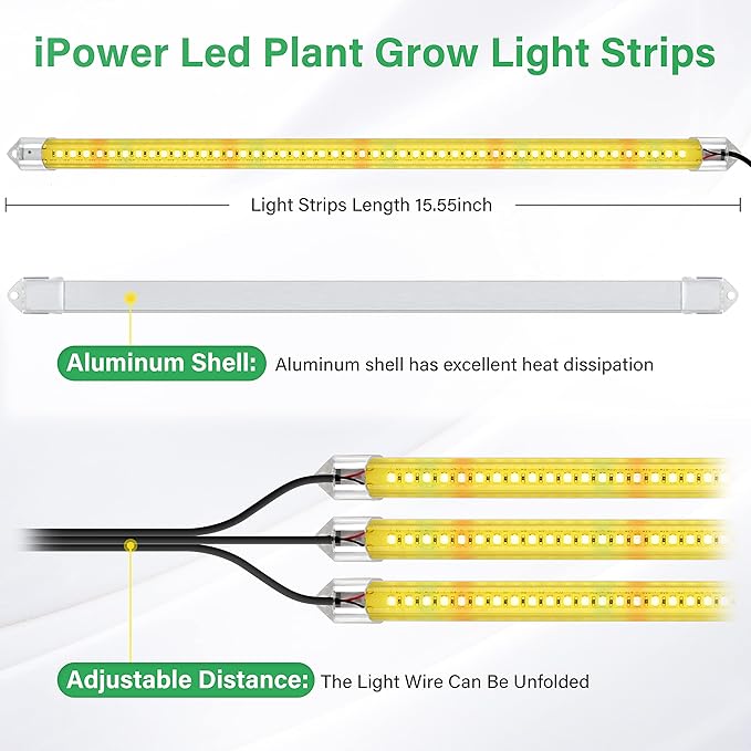 iPower 40W LED Plant Grow Light Strips Full Spectrum for Indoor Plants with Auto ON/Off 3/9/12H Timer, 10 Dimmable Levels 48 LEDs Per Tude, for Hydroponics Succulent, 3 Tubes*2, Yellow