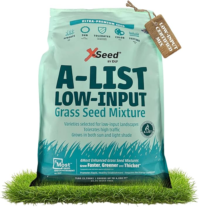 A-List Low Input Mixture Lawn Seed - Premium Grass Seeds for Lawn Repair Over Seeding and Thickening Ideal for Low Maintenance Drought-Resistant Lawn for High Traffic Sun and Light Shade Mix, 7 Pounds