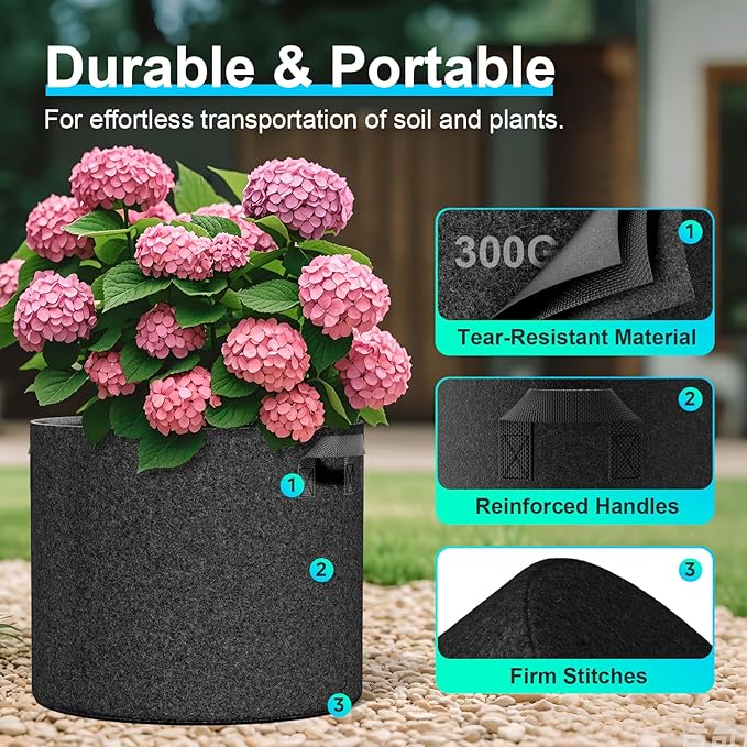 Land Guard 10-Pack Fabric Grow Bags 15 Gallon, Thickened Nonwoven Garden Pots, Growing Bags with Handles, Black