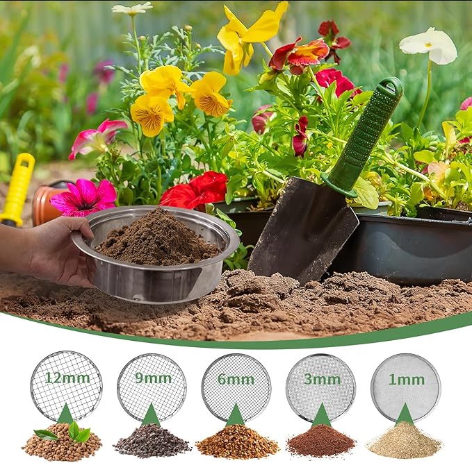 Soil Sifter Stainless Steel Rock Sifter with 5 Replaceable Mesh, Dirt Sifter for Gardening Compost Weed Sand Cat Litter Bonsai with Planting Mat,Shovel,Gloves