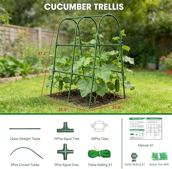 Garden Arch Trellis for Climbing Plants, PVC Support Frame with Netting, Outdoor Growing Structure for Vegetables, Vines, Flowers, Raised Bed Compatible (Green, 33 * 33 * 48inch (L*W*H))