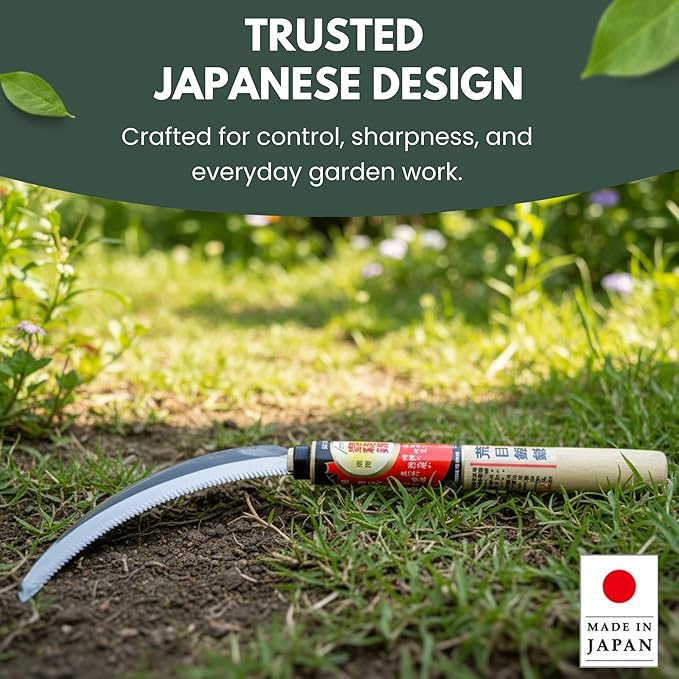 Hounen Miyawaki Japanese Weeding Sickle (Kama) – Curved Saw-Tooth Edge, Non-Twisted Blade, High-Carbon Japanese Steel, Lightweight Natural Wood Handle, Made in Japan