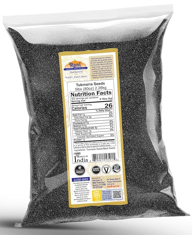 Rani Tukmaria (Holy Basil Seeds) 80oz (5lbs) 2.27kg Used for Falooda / Sabja Dessert, Spice & Ayurveda Herbal ~ All Natural | Gluten Friendly | NON-GMO | Kosher | Vegan | Indian Origin