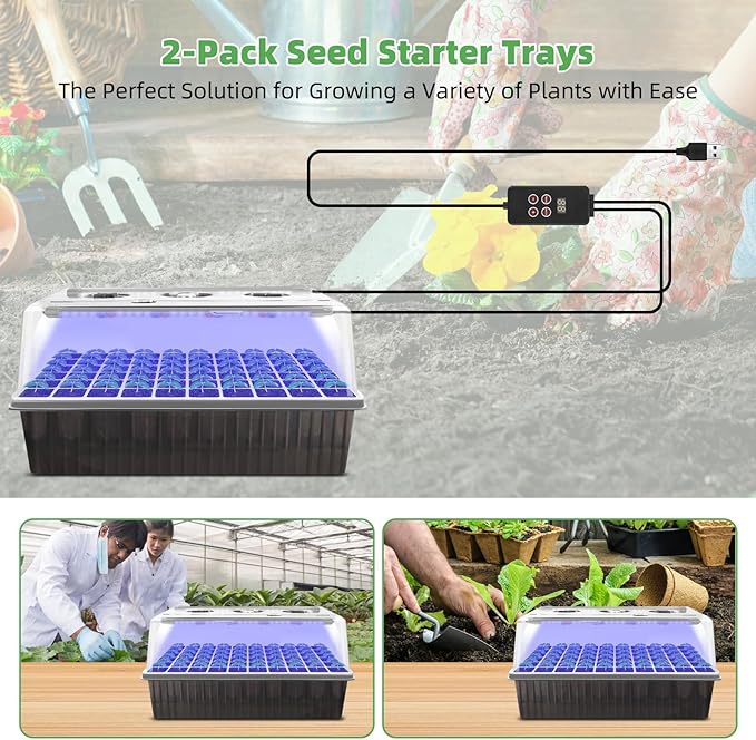 Terronix Indoor Seed Starting Kit with 60-Cell Self-Watering Tray, LED Grow Light, Timer, Humidity Dome, pH Meter for Plant Germination, Vegetables, Herbs, Flowers
