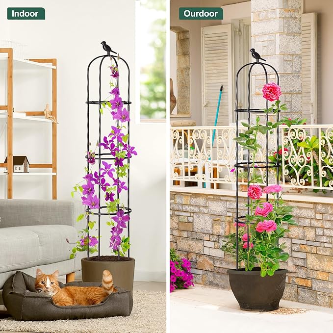 Garden Trellis Obelisk for Climbing Plants, Lightweight Metal Plant Support for Roses Clematis Vines, Rustproof Decorative Trellis for Outdoor Garden Patio Planter, Black, 2 Pack