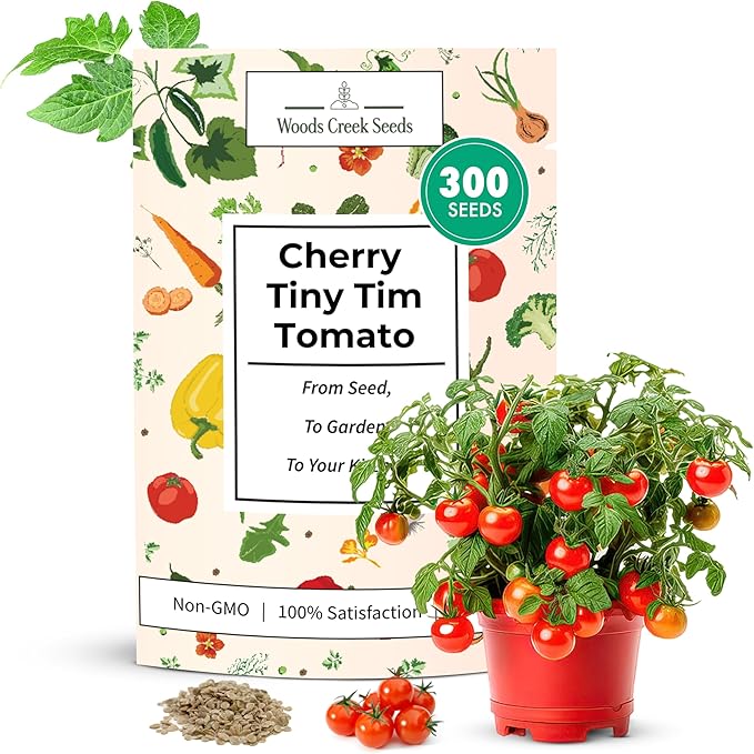 Woods Creek Seeds: Tiny Tim Tomato Seeds for Planting - Heirloom Tomato Seeds for Planting Outdoors, Indoors, Patio or Home Plant Garden - Non-GMO Seed Pack of Dwarf Cherry Tomatoes
