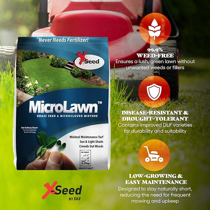 X-Seed Microlawn Grass Seed & Microclover Mix – Dense Self Feeding Lawn, Sun & Shade, Crowds Out Weeds, High Traffic, Drought-Resistant, 5 lb Bag