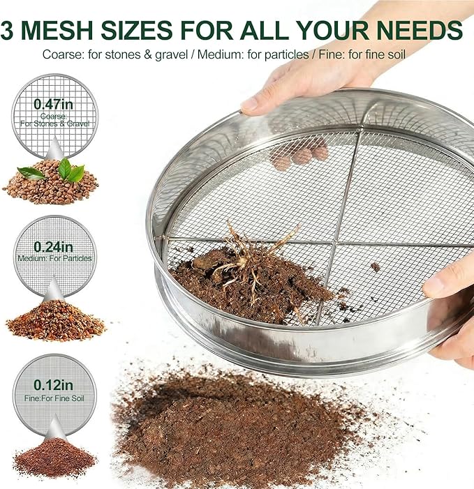 11.8 Inch Garden Soil Sifter Set Dirt Sifter with Interchangeable Screens,Multi-Functional Rock Sifter for Gardening Compost Bonsai and Sand Separation (Silver)