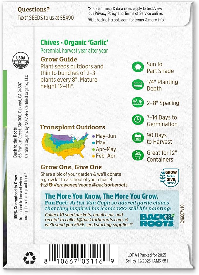 Back to The Roots 100% Organic Heirloom Seeds - Chives Value Pack (280mg Total)