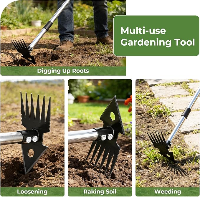 2-in-1 Weed Puller Tool,Dual-Head Garden Hoe Weeder Tool with Long Handle,Heavy Duty Manganese Steel Weeding Tool for Gardening,Uprooting Weed Remover for Yard Lawn Patio and Garden