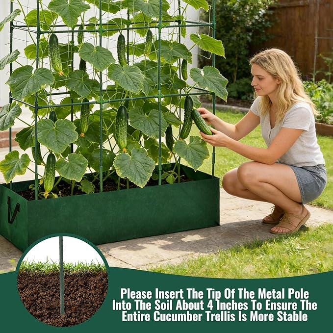 Cucumber Trellis with Raised Garden Bed Metal U-Frame Plant Support with Grow Bags and Climbing Net Garden Trellis for Climbing Plants Cucumber Vegetable Tomato Grape Pea, 50.4 × 17.7 × 51.2 Inch