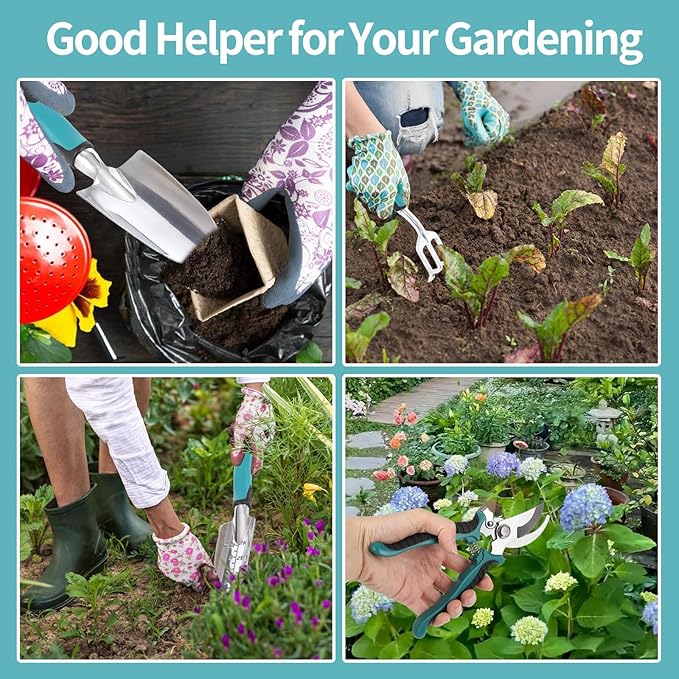 Garden Tools, Gardening Tool Set with Non-Slip Handles, Lightweight Aluminum Alloy Rust-Proof Gardening Hand Tools with Gloves Ideal Gardening Tools Gifts for Women and Men