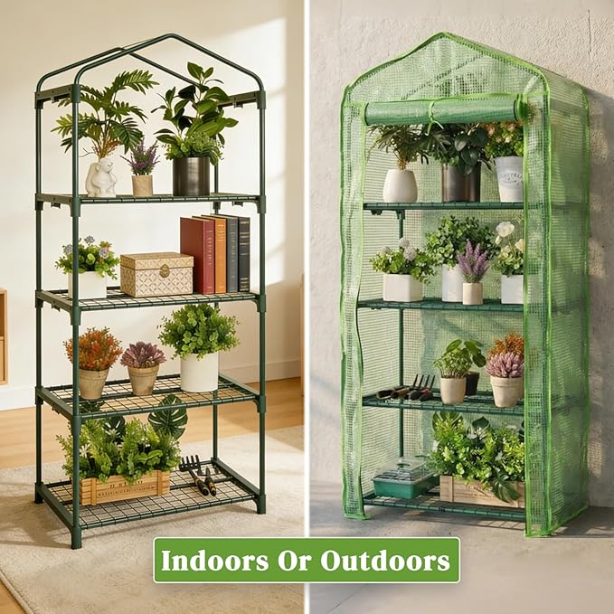 4 Tier Mini Greenhouse - Portable Indoor Outdoor Green House with 24lbs Per Shelf, Durable PE Cover & Tool-Free Assembly for Garden Balcony Patio Backyard