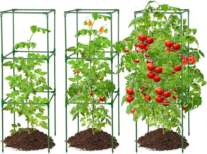 Sturdy Tomato Cage for Garden - 45x14.5x14.5in Easy to Assemble Square Tomato Plant Support Poles, Heavy Duty Metal Plant Tower Stakes Cucumber Trellis for Climbing Vegetable Flowers Fruits, 3 Pack